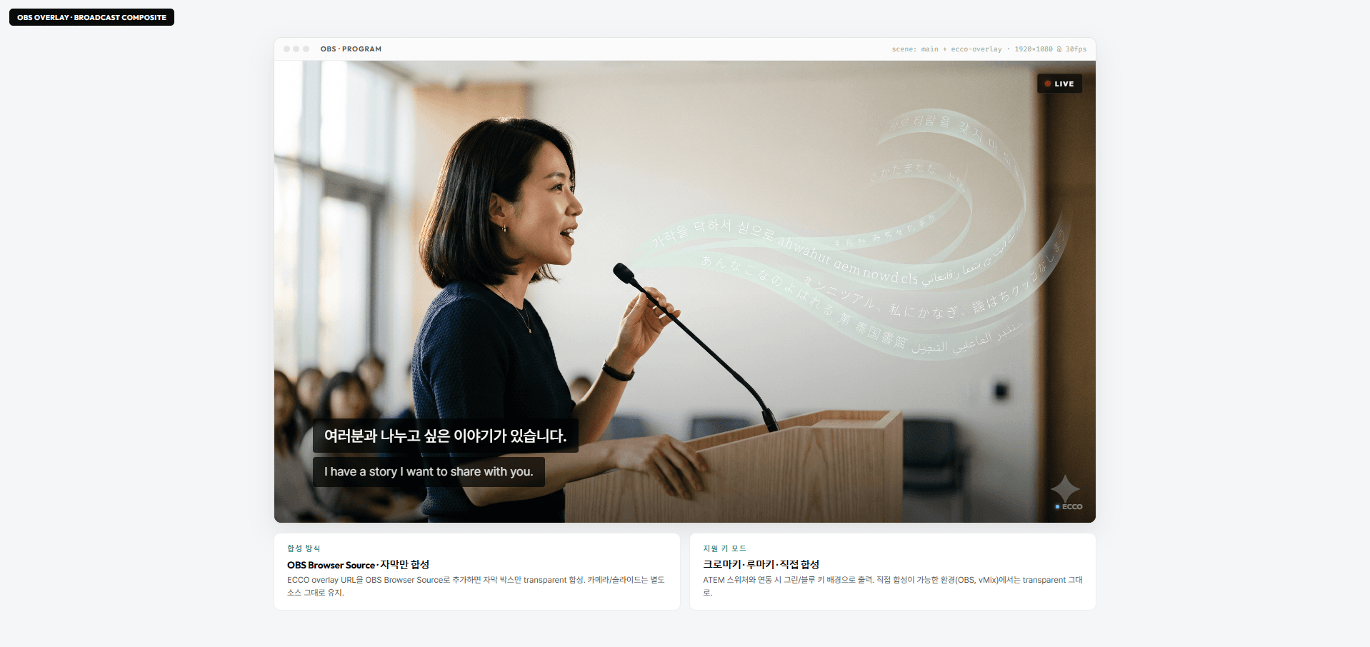 ECCO OBS Overlay — 카메라 영상 위에 자막이 합성된 모습