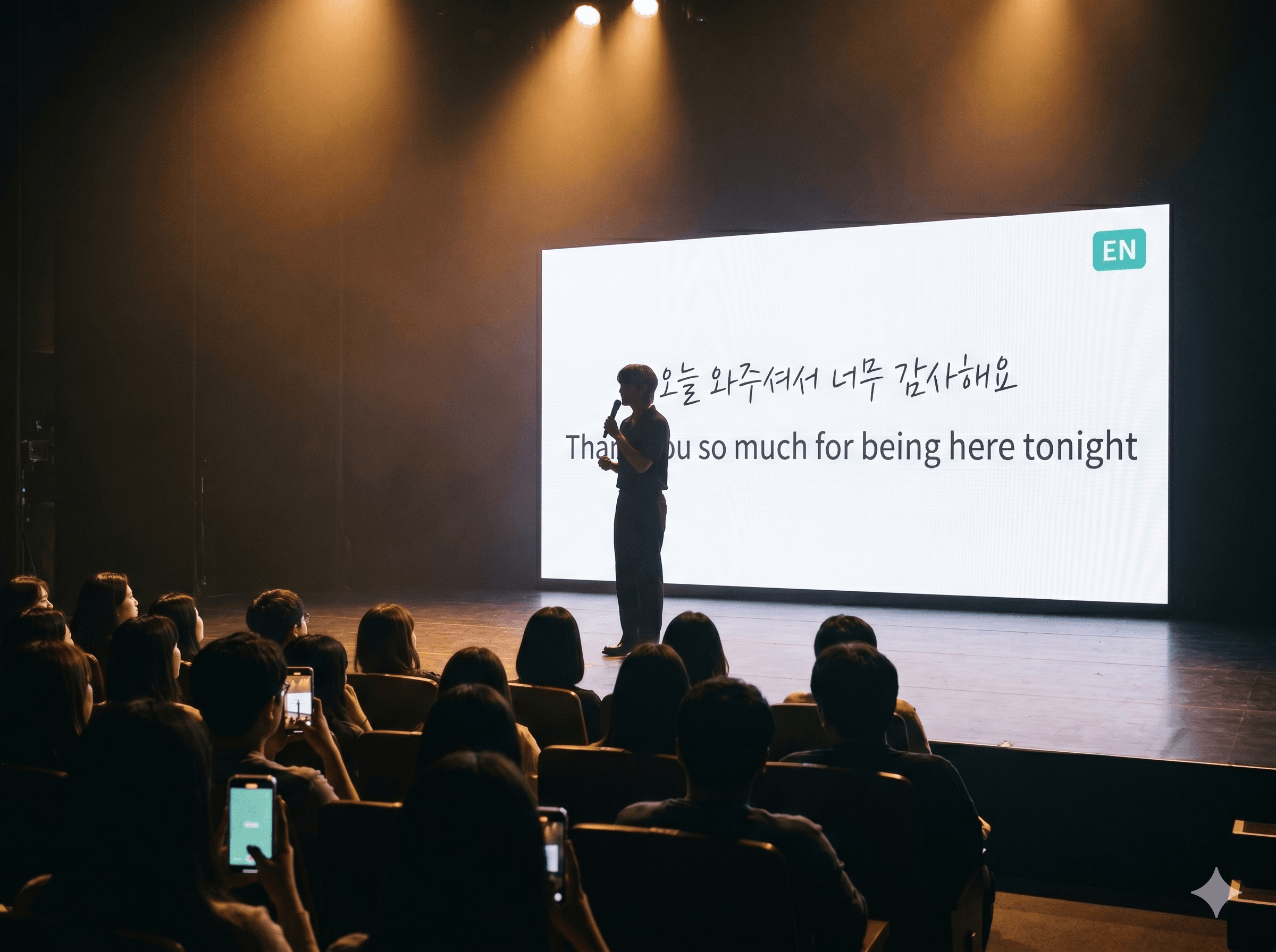 공연 — 무대 LED 스크린에 한국어/영어 자막이 실시간으로 표시되는 모습